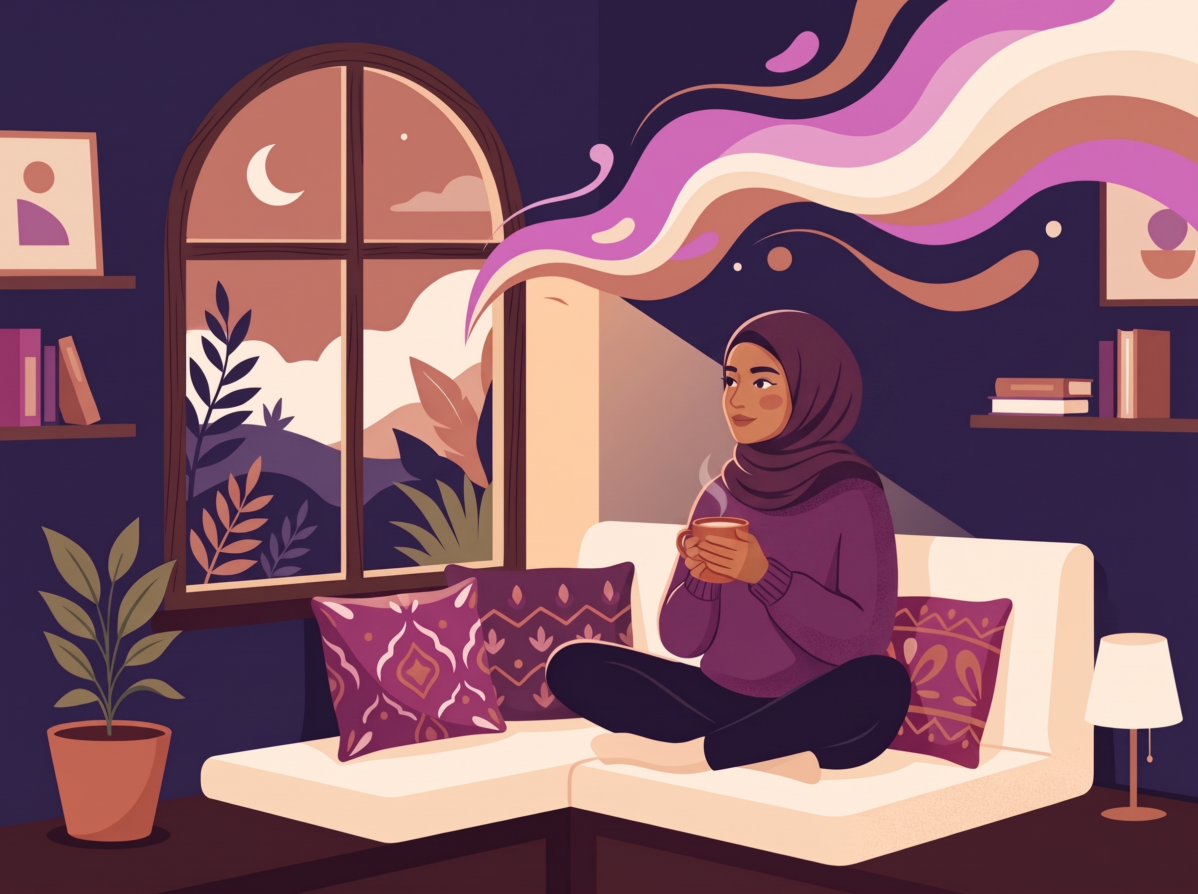 A young South Asian adult sitting peacefully with tea in a quiet room, finding emotional calm